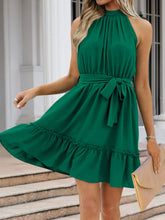 Load image into Gallery viewer, Ruched Grecian Neck Tie Waist Mini Dress