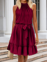 Load image into Gallery viewer, Ruched Grecian Neck Tie Waist Mini Dress