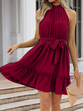 Load image into Gallery viewer, Ruched Grecian Neck Tie Waist Mini Dress