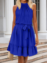 Load image into Gallery viewer, Ruched Grecian Neck Tie Waist Mini Dress