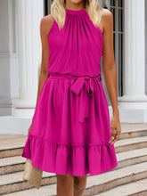 Load image into Gallery viewer, Ruched Grecian Neck Tie Waist Mini Dress