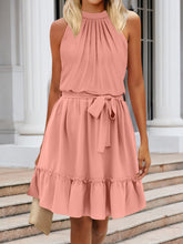 Load image into Gallery viewer, Ruched Grecian Neck Tie Waist Mini Dress
