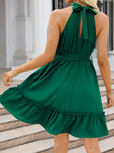 Load image into Gallery viewer, Ruched Grecian Neck Tie Waist Mini Dress