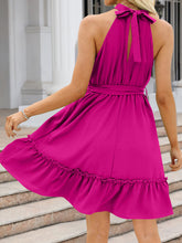 Load image into Gallery viewer, Ruched Grecian Neck Tie Waist Mini Dress