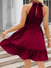 Load image into Gallery viewer, Ruched Grecian Neck Tie Waist Mini Dress