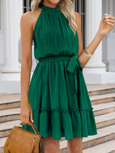 Load image into Gallery viewer, Ruched Grecian Neck Tie Waist Mini Dress