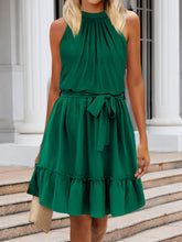 Load image into Gallery viewer, Ruched Grecian Neck Tie Waist Mini Dress