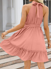 Load image into Gallery viewer, Ruched Grecian Neck Tie Waist Mini Dress