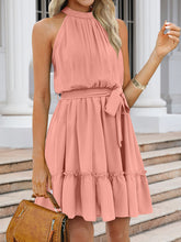 Load image into Gallery viewer, Ruched Grecian Neck Tie Waist Mini Dress
